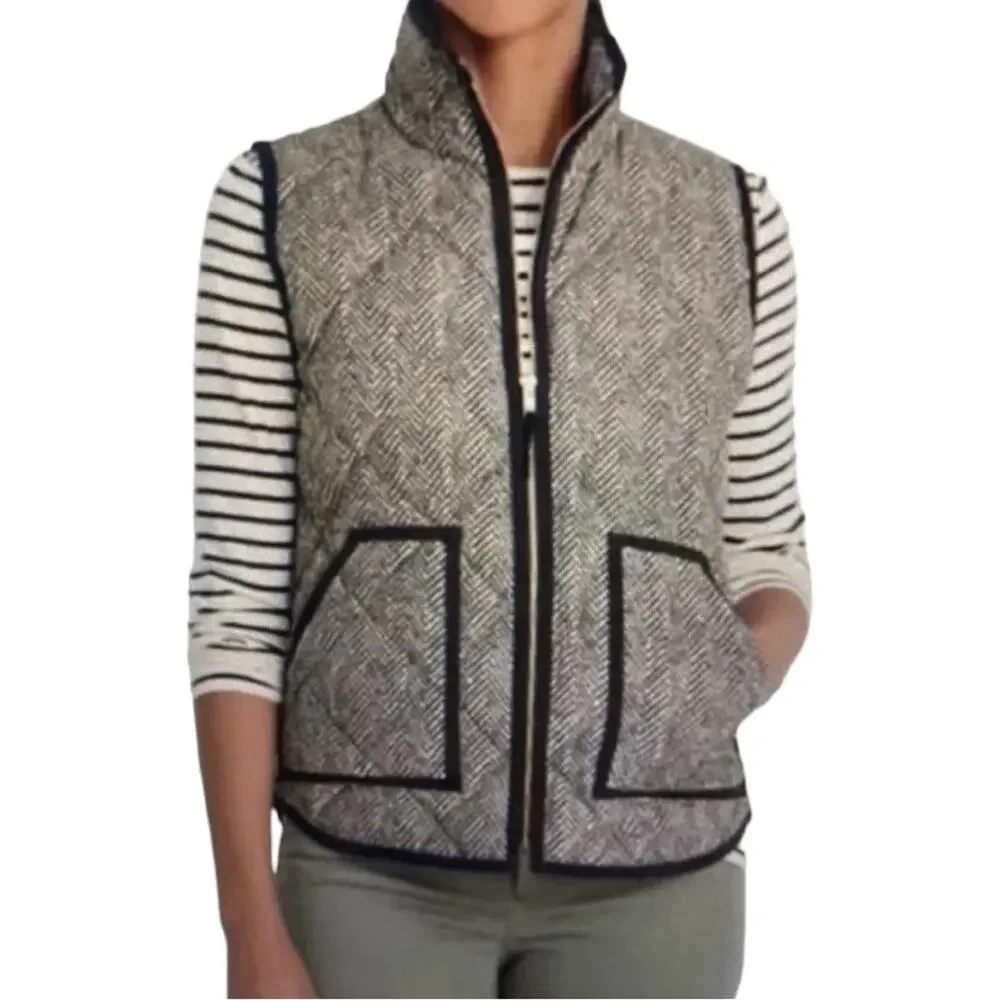 J.Crew Vest Down Filled Quilted Puffer Herringbone Black Tan Women’s Size Small